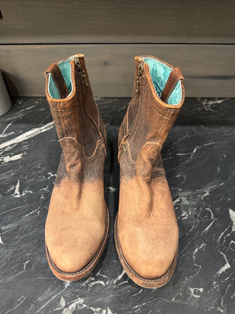 Brown Leather Suede Western Ankle Boots with Teal Lining